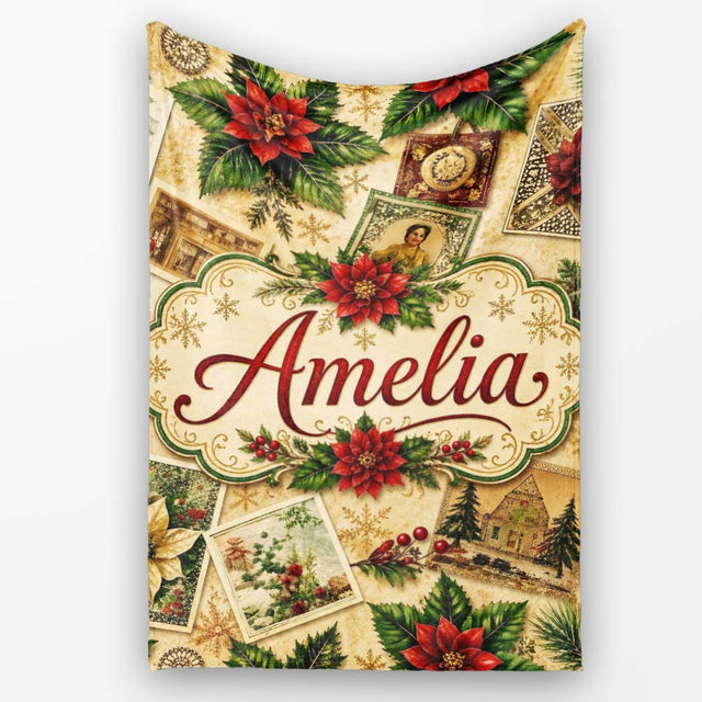 Vintage Christmas Collage Postcard Floral Bauble Festive Seamless  Personalised Custom Name Super Soft Fleece Blanket Bed Sofa Throw