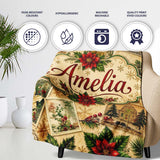 Vintage Christmas Collage Postcard Floral Bauble Festive Seamless  Personalised Custom Name Super Soft Fleece Blanket Bed Sofa Throw