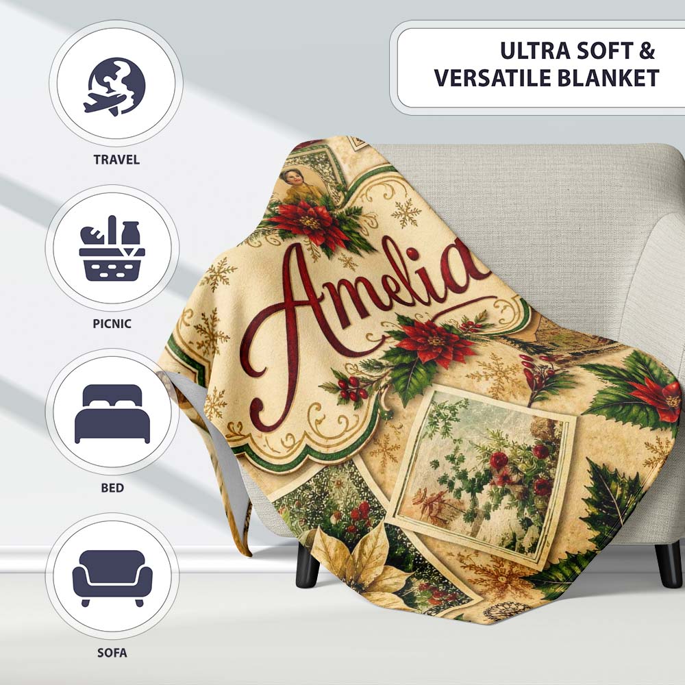 Vintage Christmas Collage Postcard Floral Bauble Festive Seamless  Personalised Custom Name Super Soft Fleece Blanket Bed Sofa Throw
