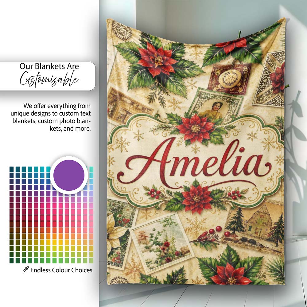 Vintage Christmas Collage Postcard Floral Bauble Festive Seamless  Personalised Custom Name Super Soft Fleece Blanket Bed Sofa Throw