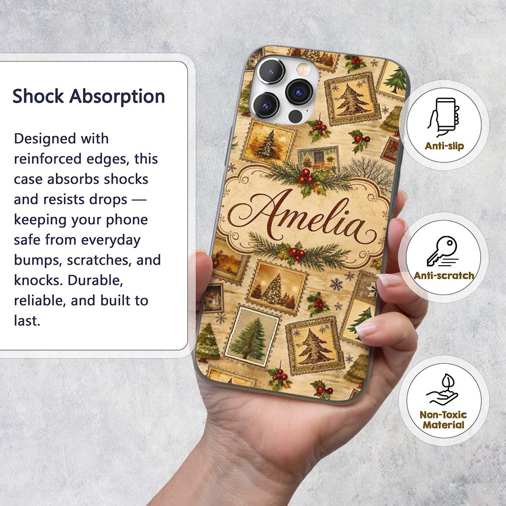 Vintage Christmas Tree Postcard Collage Rustic Custom Name Protective Phone Case Mobile Cover Durable Everyday Smartphone Shock Resistant
