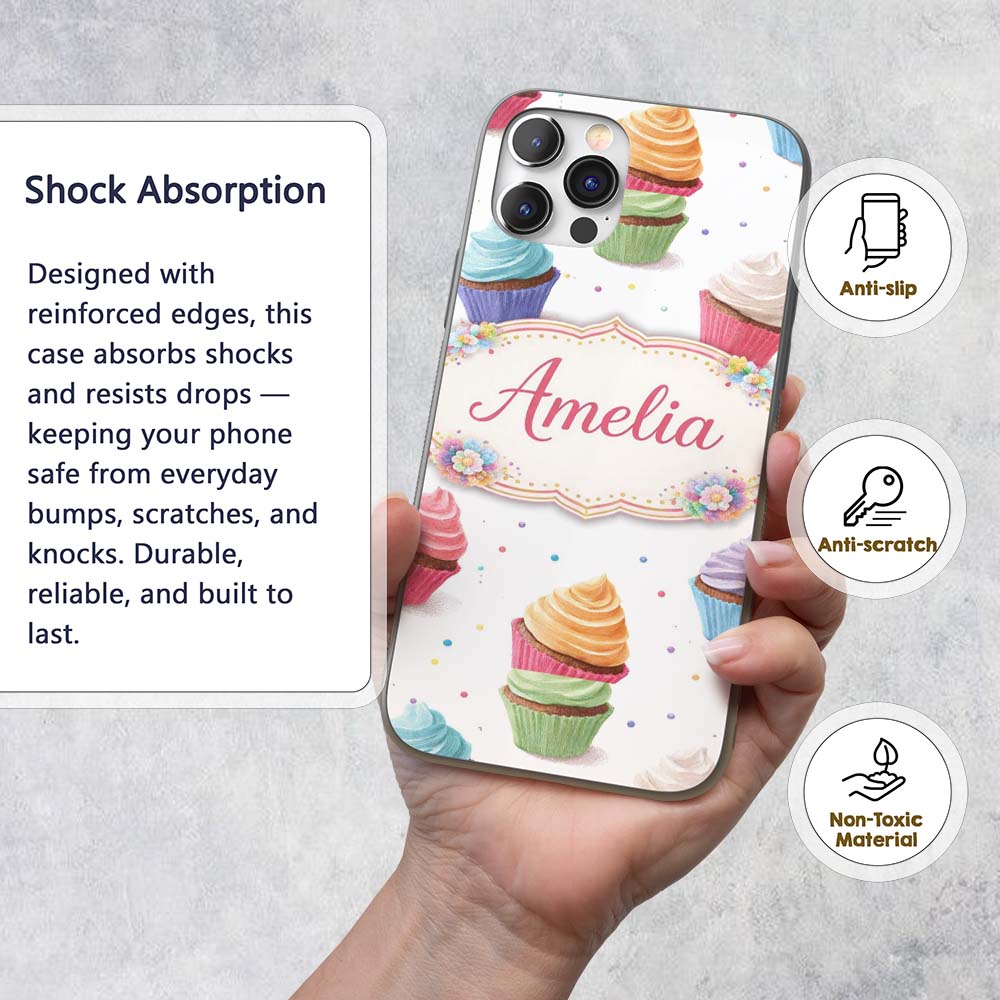 Hand Drawn Cupcake Seamless Decorative Design Custom Name Protective Phone Case Mobile Cover Durable Everyday Smartphone Shock Resistant