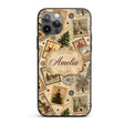 Vintage Christmas Village Tree Stamp Collage Custom Name Protective Phone Case Mobile Cover Durable Everyday Smartphone Shock Resistant