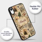 Vintage Christmas Village Tree Stamp Collage Custom Name Protective Phone Case Mobile Cover Durable Everyday Smartphone Shock Resistant