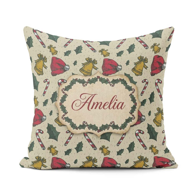 Custom Name Christmas Candy Cane Bell Santa Hat Festive Seamless Square Filled Cushion Throw Pillow Sofa Bed Home Decor Zip Washable UK Made