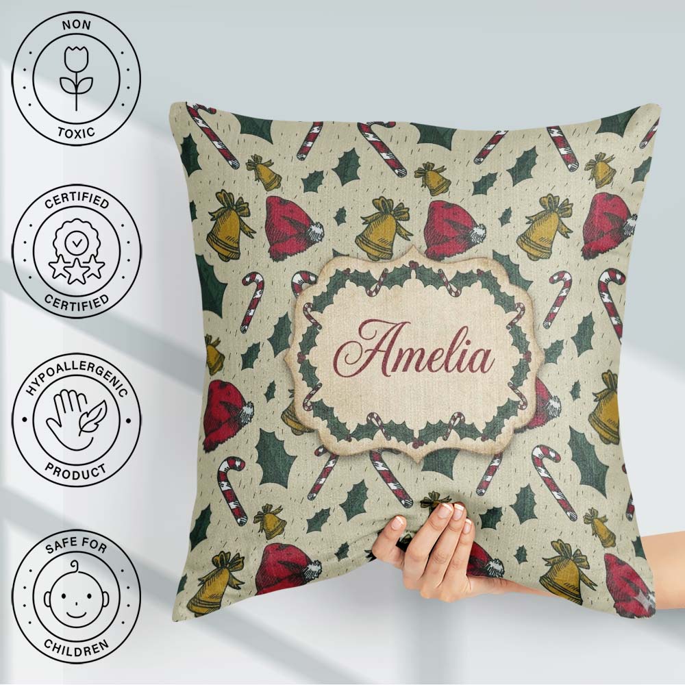 Custom Name Christmas Candy Cane Bell Santa Hat Festive Seamless Square Filled Cushion Throw Pillow Sofa Bed Home Decor Zip Washable UK Made