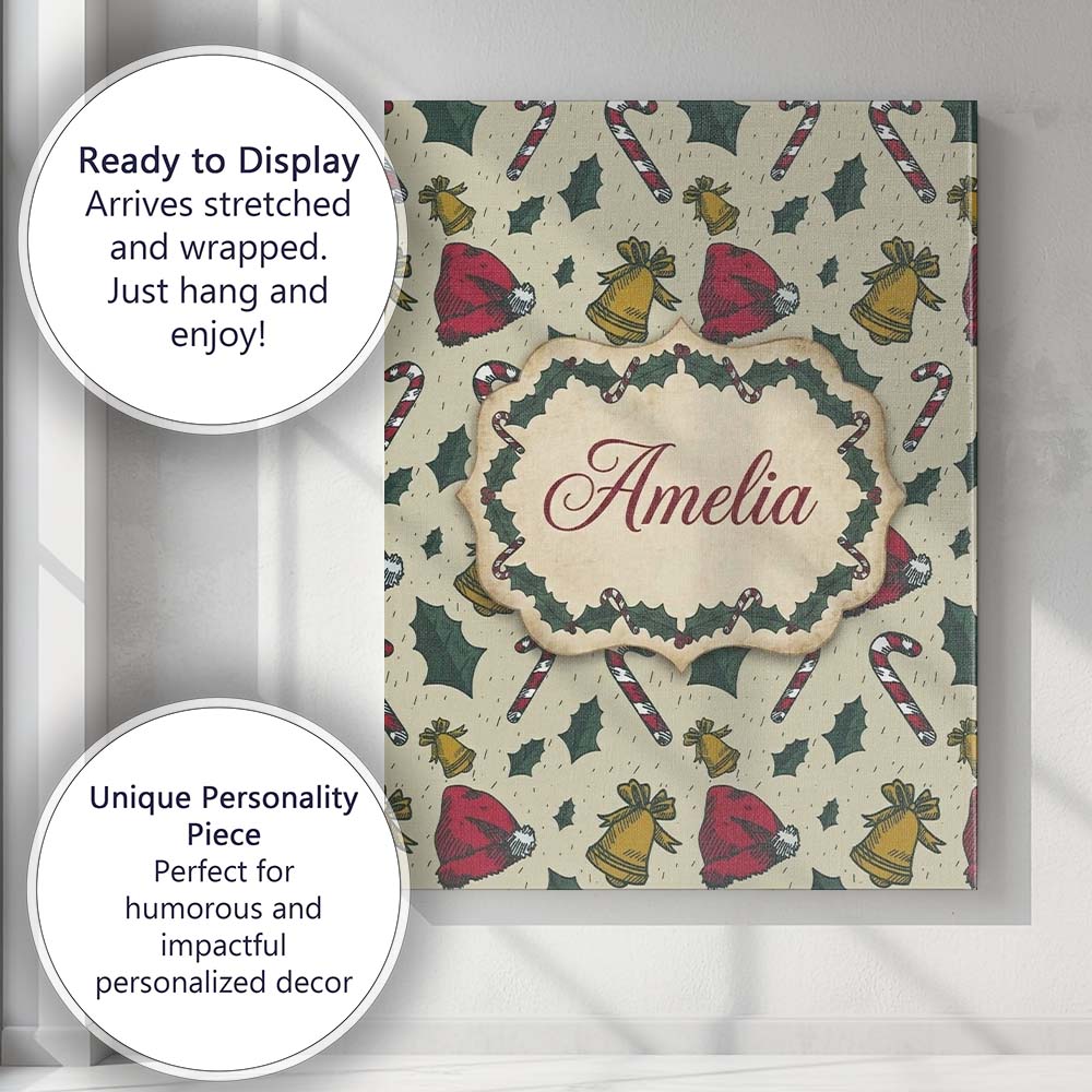 Personalised Name Cute Christmas Candy Cane Custom  Bespoke Interior Contemporary Canvas Wall Art Print Decor Picture Ready to Hang