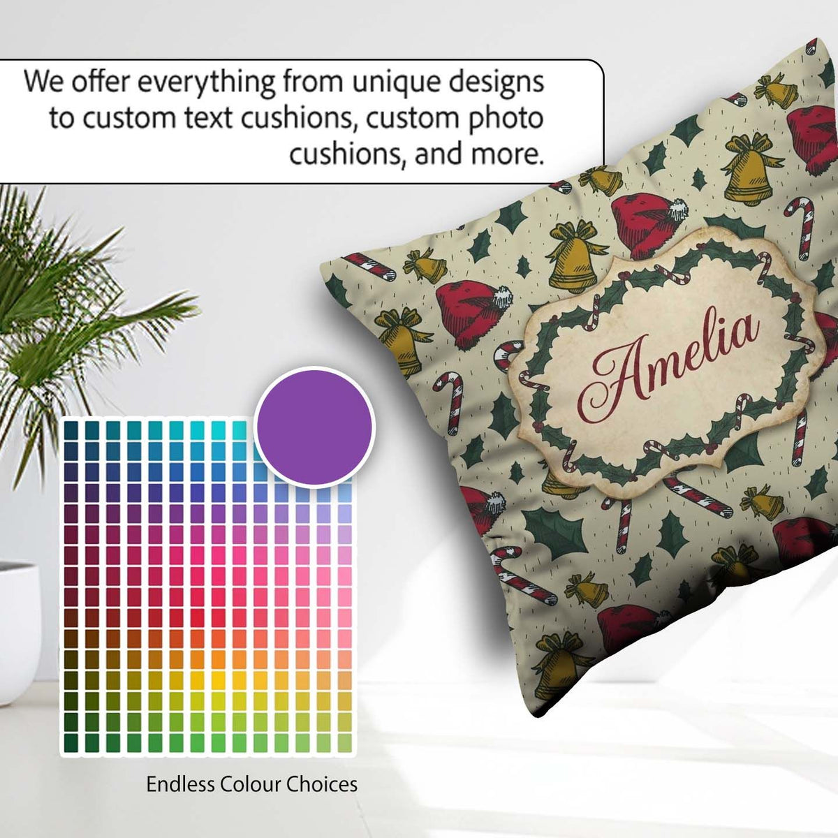Custom Name Christmas Candy Cane Bell Santa Hat Festive Seamless Square Filled Cushion Throw Pillow Sofa Bed Home Decor Zip Washable UK Made