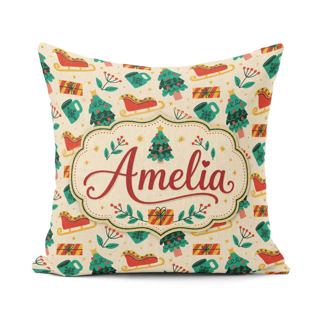 Custom Name Modern Sleigh Tree Gift Flat Design Seamless Pattern Square Filled Cushion Throw Pillow Sofa Bed Home Decor Zip Washable UK Made
