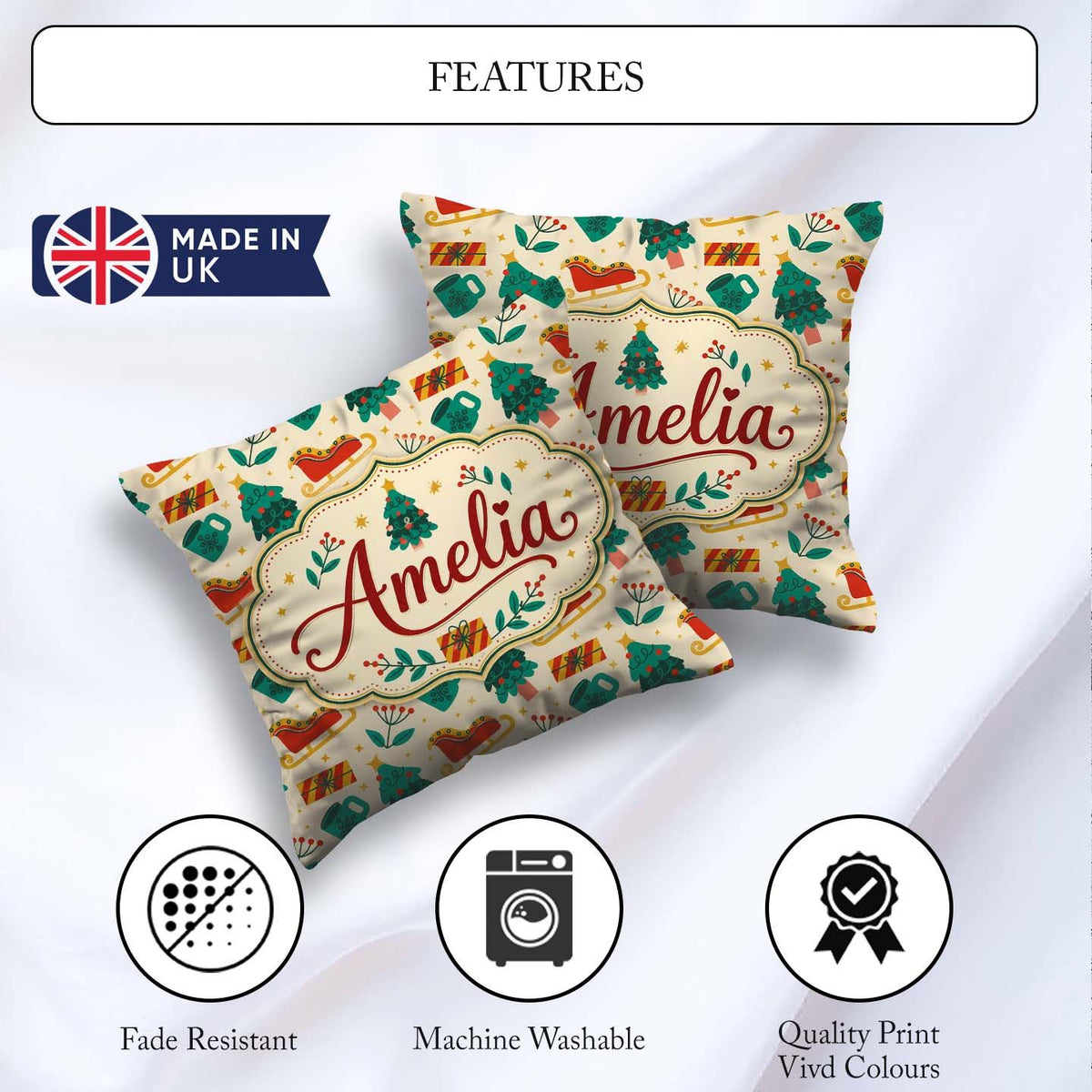 Custom Name Modern Sleigh Tree Gift Flat Design Seamless Pattern Square Filled Cushion Throw Pillow Sofa Bed Home Decor Zip Washable UK Made