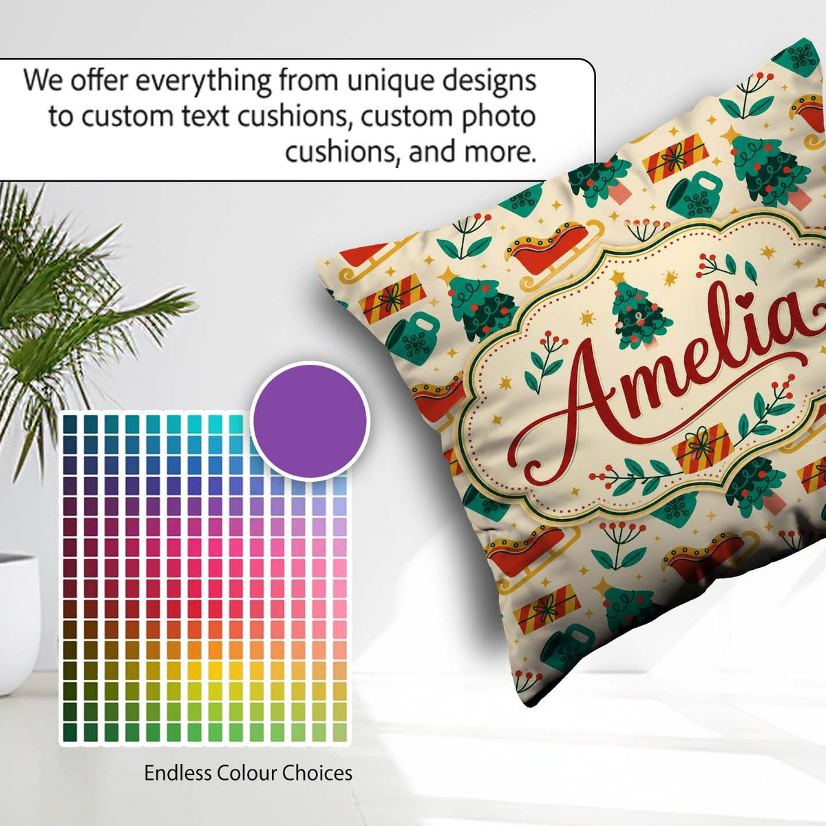 Custom Name Modern Sleigh Tree Gift Flat Design Seamless Pattern Square Filled Cushion Throw Pillow Sofa Bed Home Decor Zip Washable UK Made