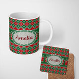 Personalized Custom Name Cute Green Red Knitted Gift Box Nordic Christmas Seamless Pattern 11oz Ceramic Coffee Tea Mug White Large Handle