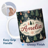 Personalized Custom Name Scandi Forest Christmas Trees Pastel Green Pink Snowflakes Seamless 11oz Ceramic Coffee Tea Mug White Large Handle