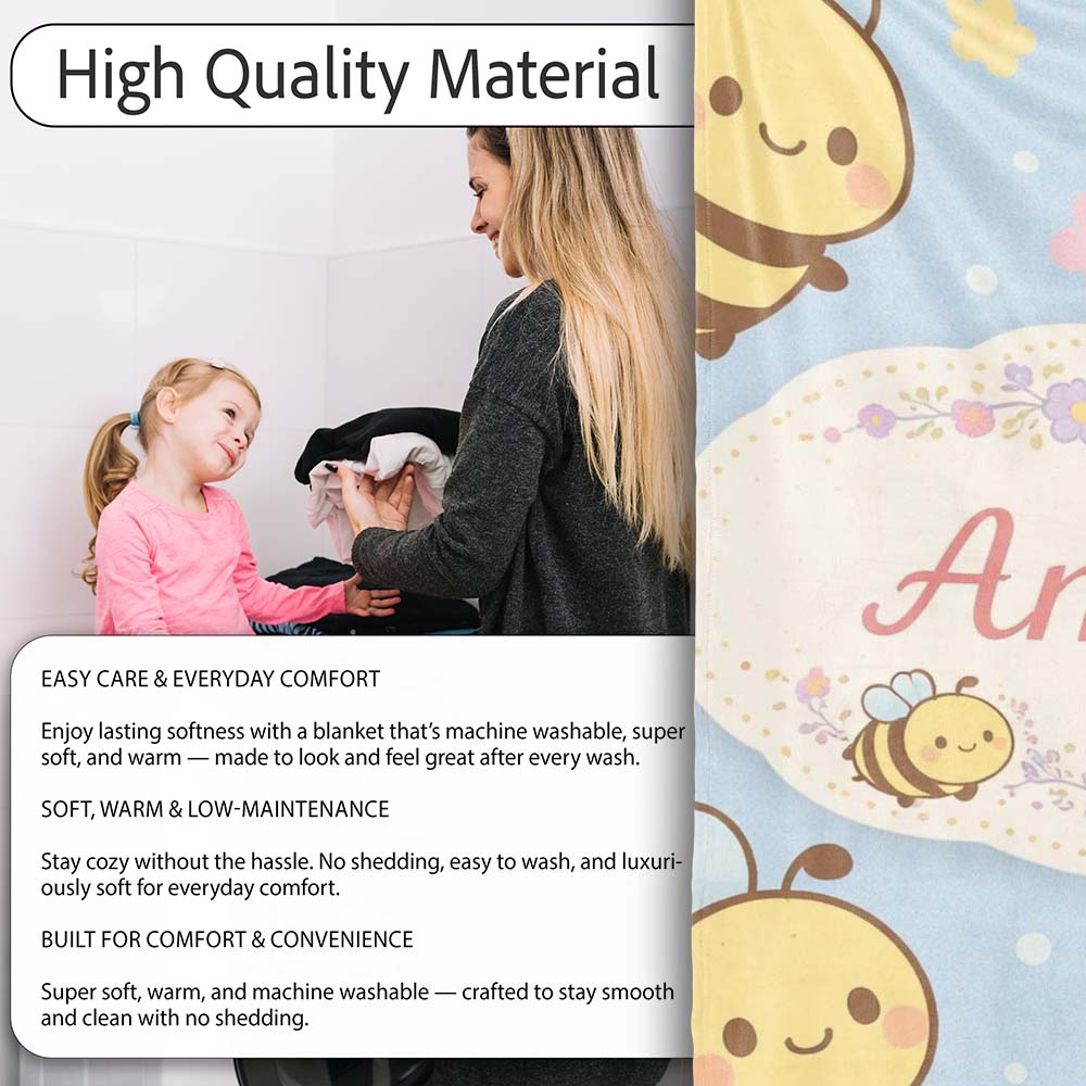 Cute Bee Flower Cartoon Animal Pattern Stylish Everyday  Lovely  Personalised Custom Name Super Soft Fleece Blanket Bed Sofa Throw