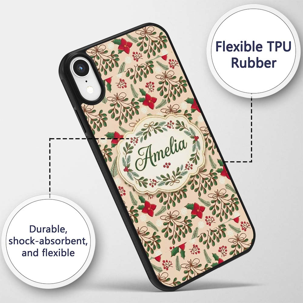 Festive Christmas Mistletoe Bow Berry Seamless Custom Name Protective Phone Case Mobile Cover Durable Everyday Smartphone Shock Resistant