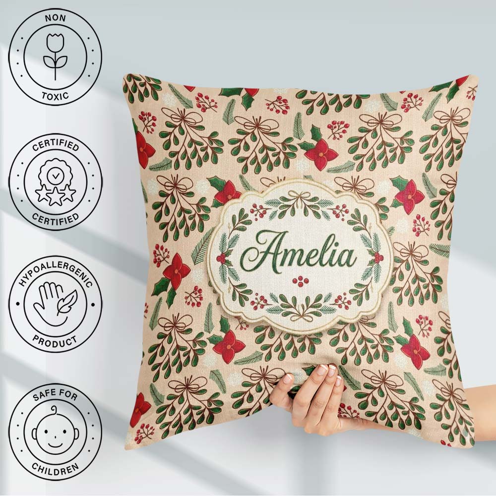 Custom Name Festive Christmas Mistletoe Bow Berry Pattern Lovely Square Filled Cushion Throw Pillow Sofa Bed Home Decor Zip Washable UK Made