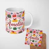 Personalized Custom Name Cute Christmas Bells Baubles Holly Gift Seamless Pattern Lovely 11oz Ceramic Coffee Tea Mug White Large Handle