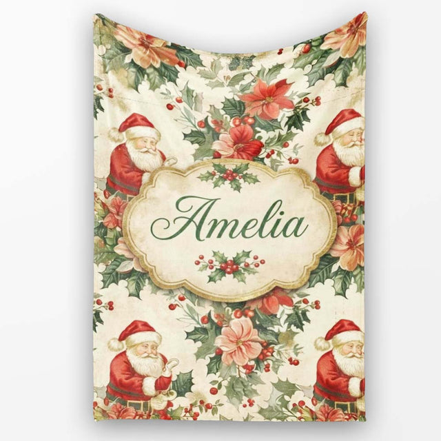 Vintage Santa Claus Holly Floral Christmas Seamless Pattern Lovely  Personalised Custom Name Super Soft Fleece Blanket Bed Sofa Throw