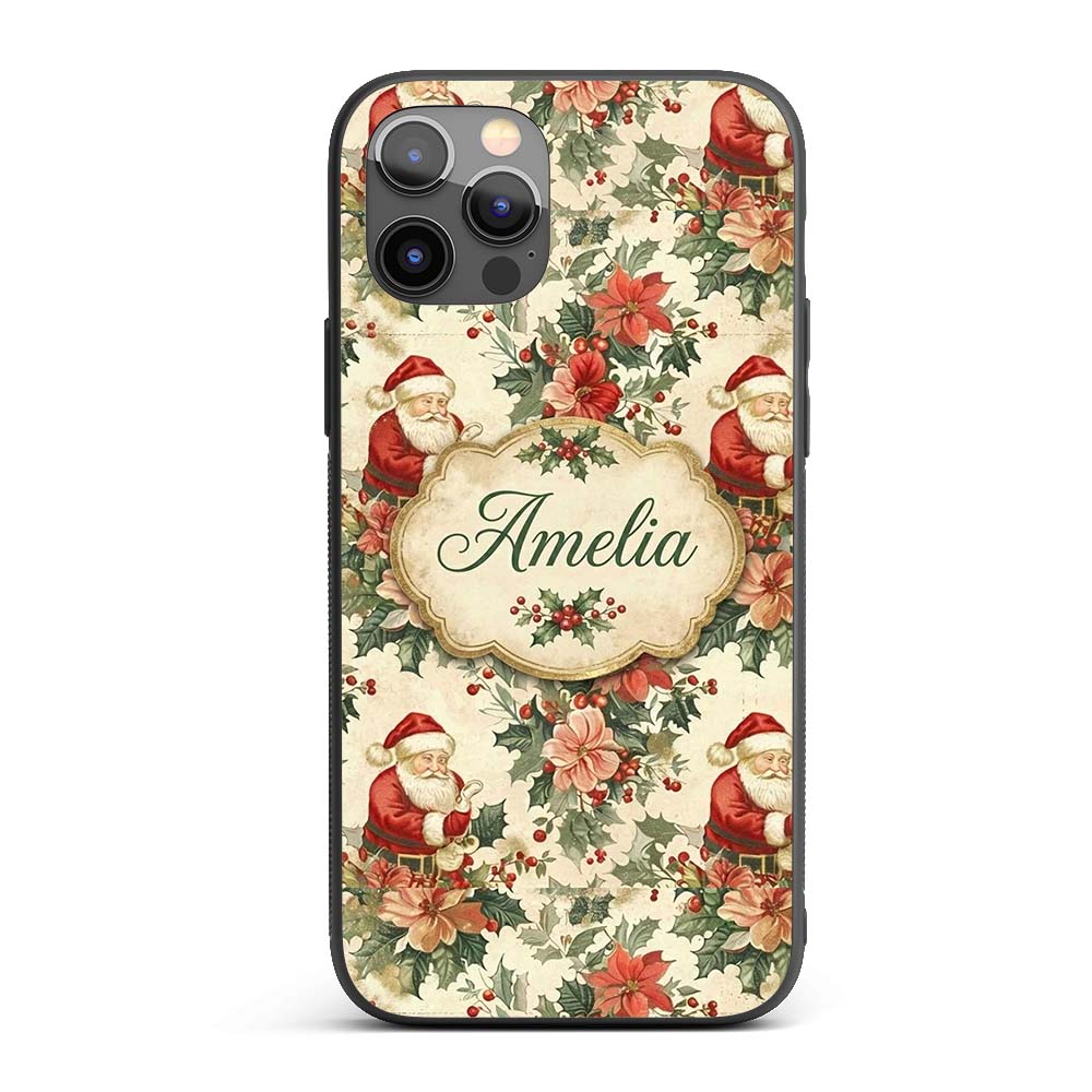 Vintage Santa Claus Holly Floral Printed Design Custom Name Protective Phone Case Mobile Cover Durable Everyday Smartphone Shock Resistant