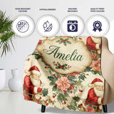 Vintage Santa Claus Holly Floral Christmas Seamless Pattern Lovely  Personalised Custom Name Super Soft Fleece Blanket Bed Sofa Throw