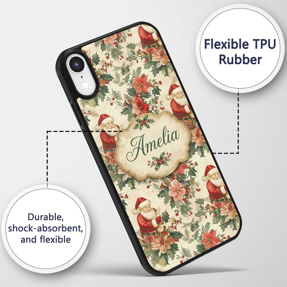 Vintage Santa Claus Holly Floral Printed Design Custom Name Protective Phone Case Mobile Cover Durable Everyday Smartphone Shock Resistant