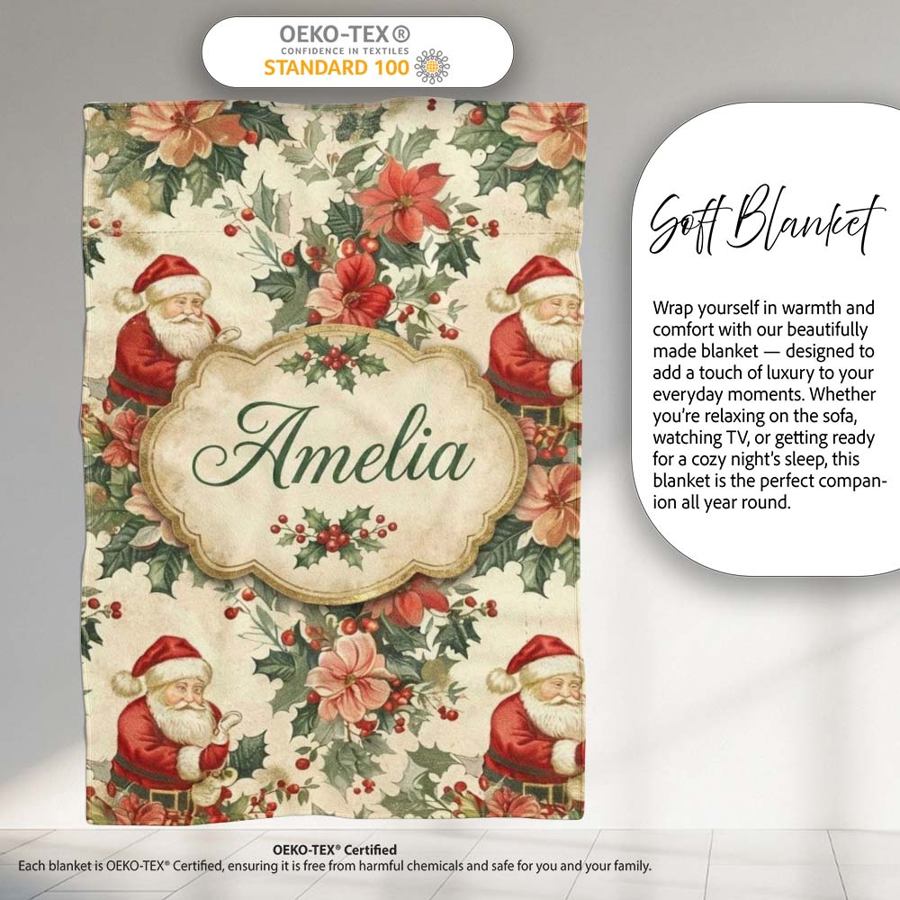 Vintage Santa Claus Holly Floral Christmas Seamless Pattern Lovely  Personalised Custom Name Super Soft Fleece Blanket Bed Sofa Throw