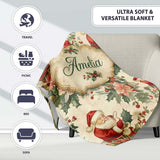 Vintage Santa Claus Holly Floral Christmas Seamless Pattern Lovely  Personalised Custom Name Super Soft Fleece Blanket Bed Sofa Throw