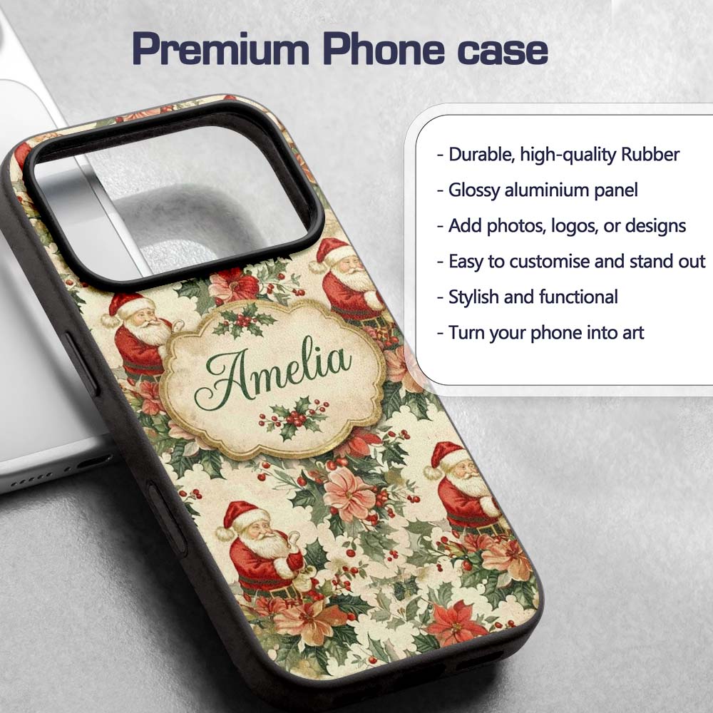Vintage Santa Claus Holly Floral Printed Design Custom Name Protective Phone Case Mobile Cover Durable Everyday Smartphone Shock Resistant