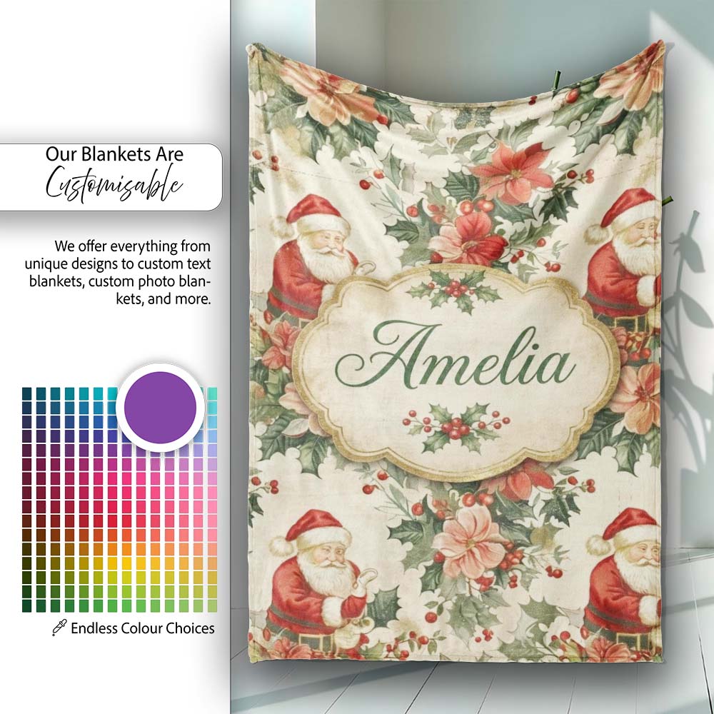 Vintage Santa Claus Holly Floral Christmas Seamless Pattern Lovely  Personalised Custom Name Super Soft Fleece Blanket Bed Sofa Throw