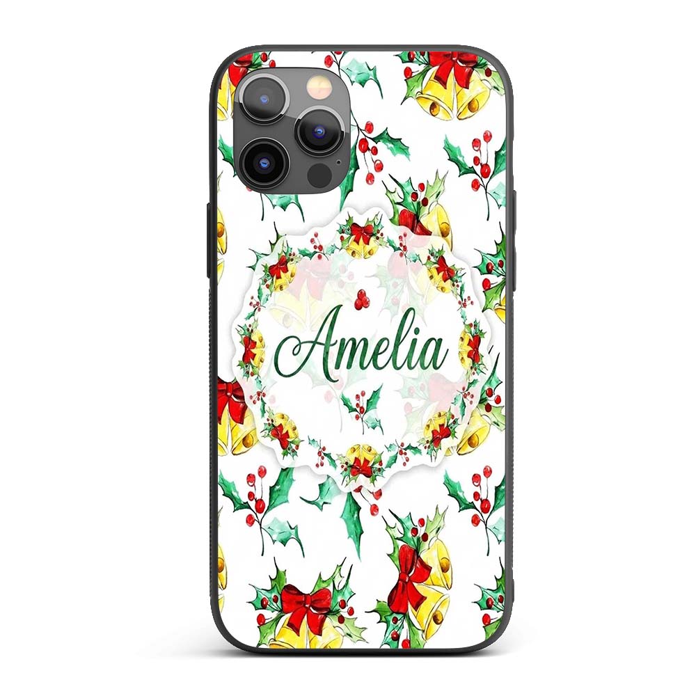 Watercolor Christmas Bells Holly Berry Festive Custom Name Protective Phone Case Mobile Cover Durable Everyday Smartphone Shock Resistant