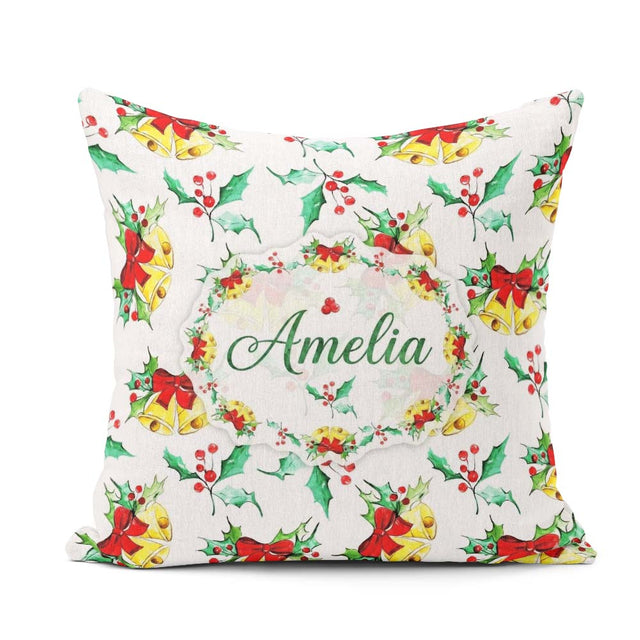 Custom Name Christmas Bells Holly Berry Festive Seamless Pattern Square Filled Cushion Throw Pillow Sofa Bed Home Decor Zip Washable UK Made