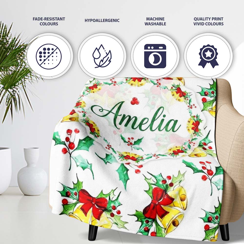 Watercolor Christmas Bells Holly Berry Festive Seamless Pattern  Personalised Custom Name Super Soft Fleece Blanket Bed Sofa Throw