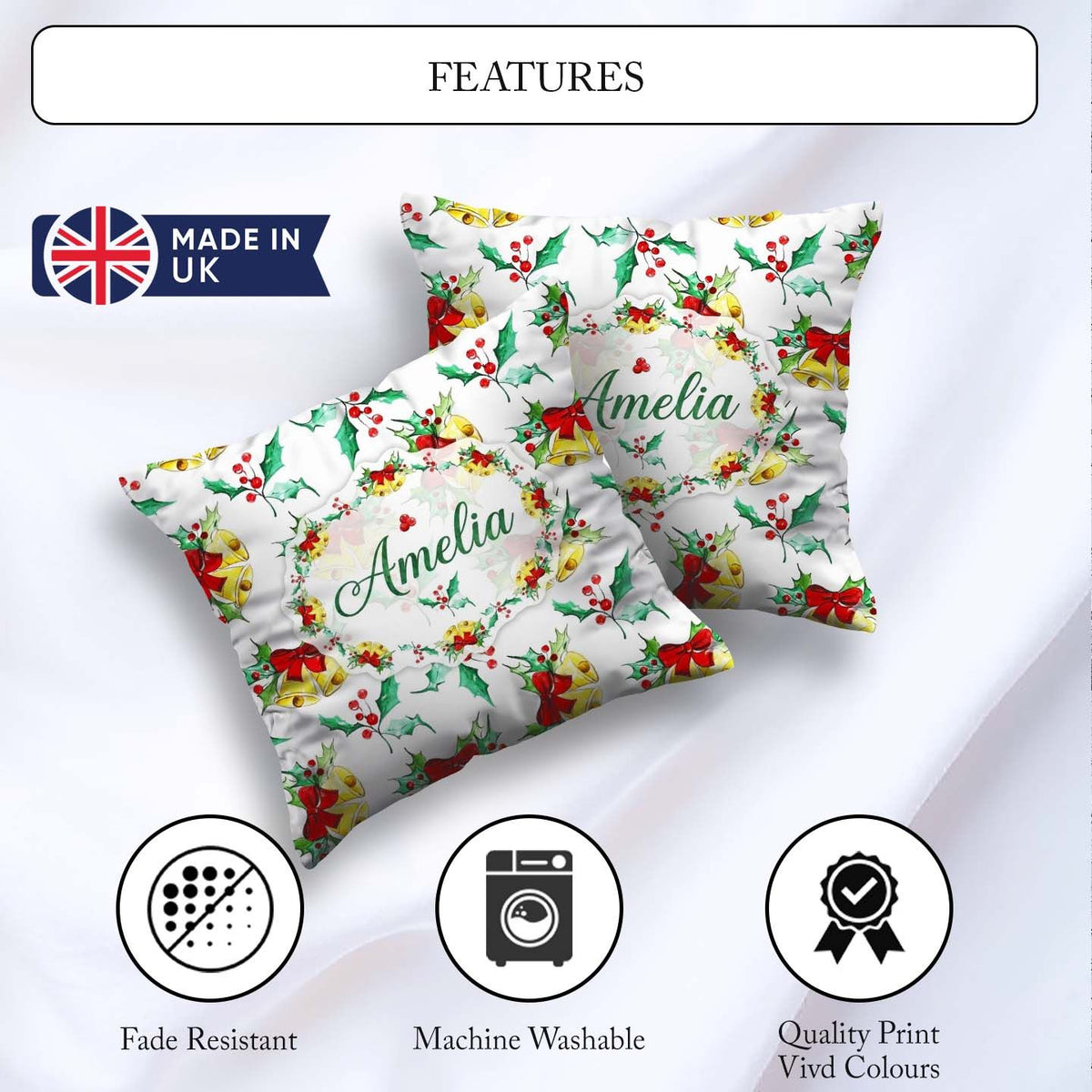 Custom Name Christmas Bells Holly Berry Festive Seamless Pattern Square Filled Cushion Throw Pillow Sofa Bed Home Decor Zip Washable UK Made