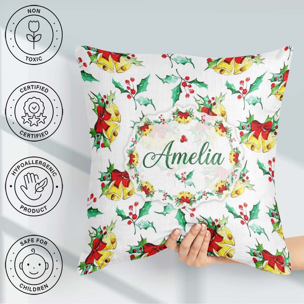 Custom Name Christmas Bells Holly Berry Festive Seamless Pattern Square Filled Cushion Throw Pillow Sofa Bed Home Decor Zip Washable UK Made
