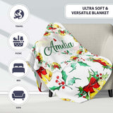Watercolor Christmas Bells Holly Berry Festive Seamless Pattern  Personalised Custom Name Super Soft Fleece Blanket Bed Sofa Throw