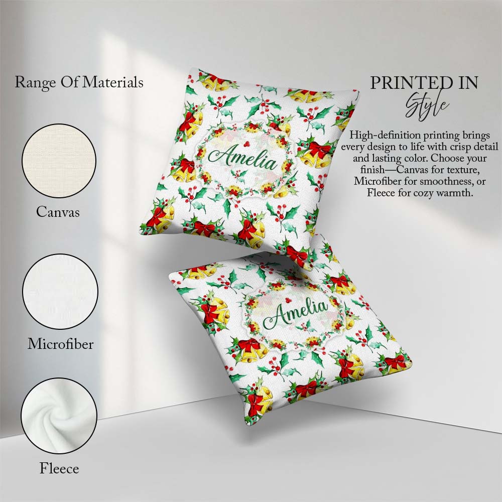 Custom Name Christmas Bells Holly Berry Festive Seamless Pattern Square Filled Cushion Throw Pillow Sofa Bed Home Decor Zip Washable UK Made