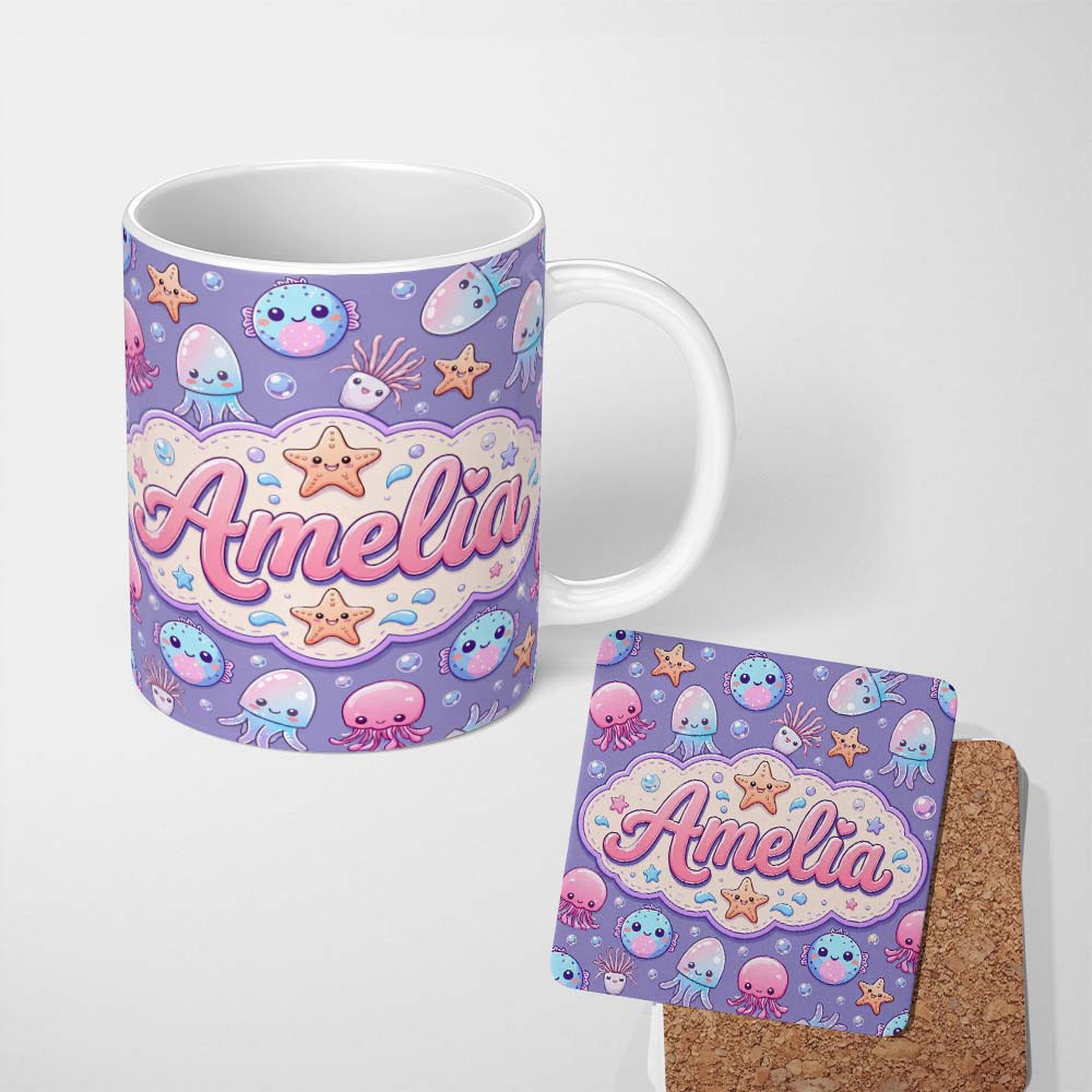 Personalized Custom Name Jellyfish Puffer Fish Starfish Pastel Ocean Creatures Lavender 11oz Ceramic Coffee Tea Mug White Large Handle
