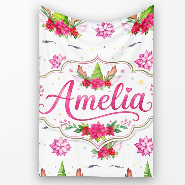 Cute Christmas Unicorn Antlers Floral Fantasy Seamless Pattern  Personalised Custom Name Super Soft Fleece Blanket Bed Sofa Throw
