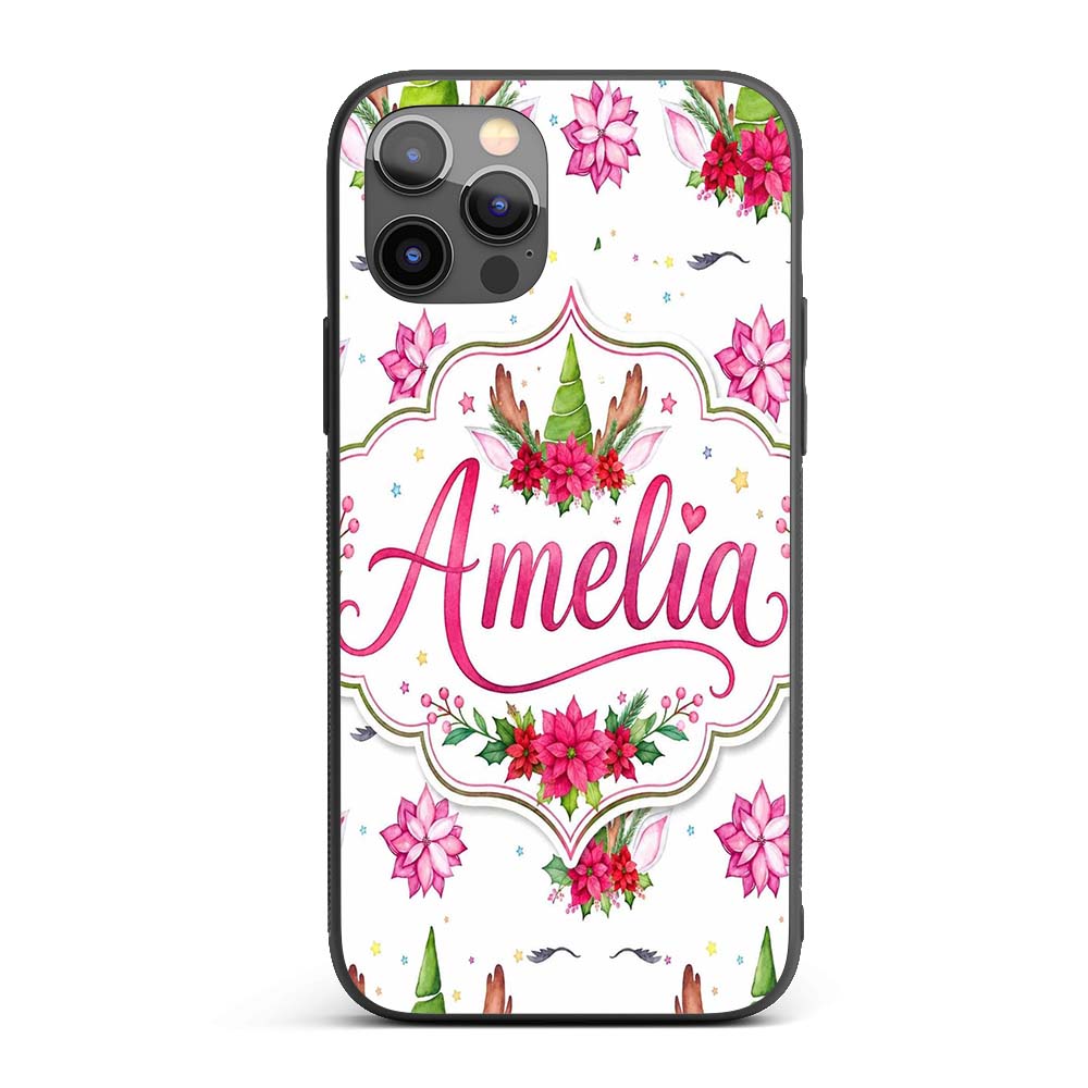 Cute Christmas Unicorn Antlers Floral Fantasy Custom Name Protective Phone Case Mobile Cover Durable Everyday Smartphone Shock Resistant
