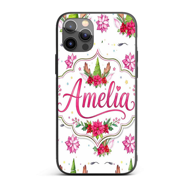 Cute Christmas Unicorn Antlers Floral Fantasy Custom Name Protective Phone Case Mobile Cover Durable Everyday Smartphone Shock Resistant