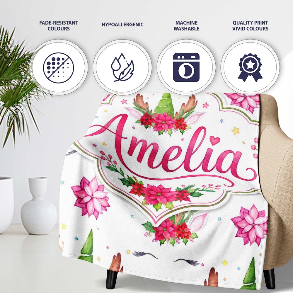 Cute Christmas Unicorn Antlers Floral Fantasy Seamless Pattern  Personalised Custom Name Super Soft Fleece Blanket Bed Sofa Throw