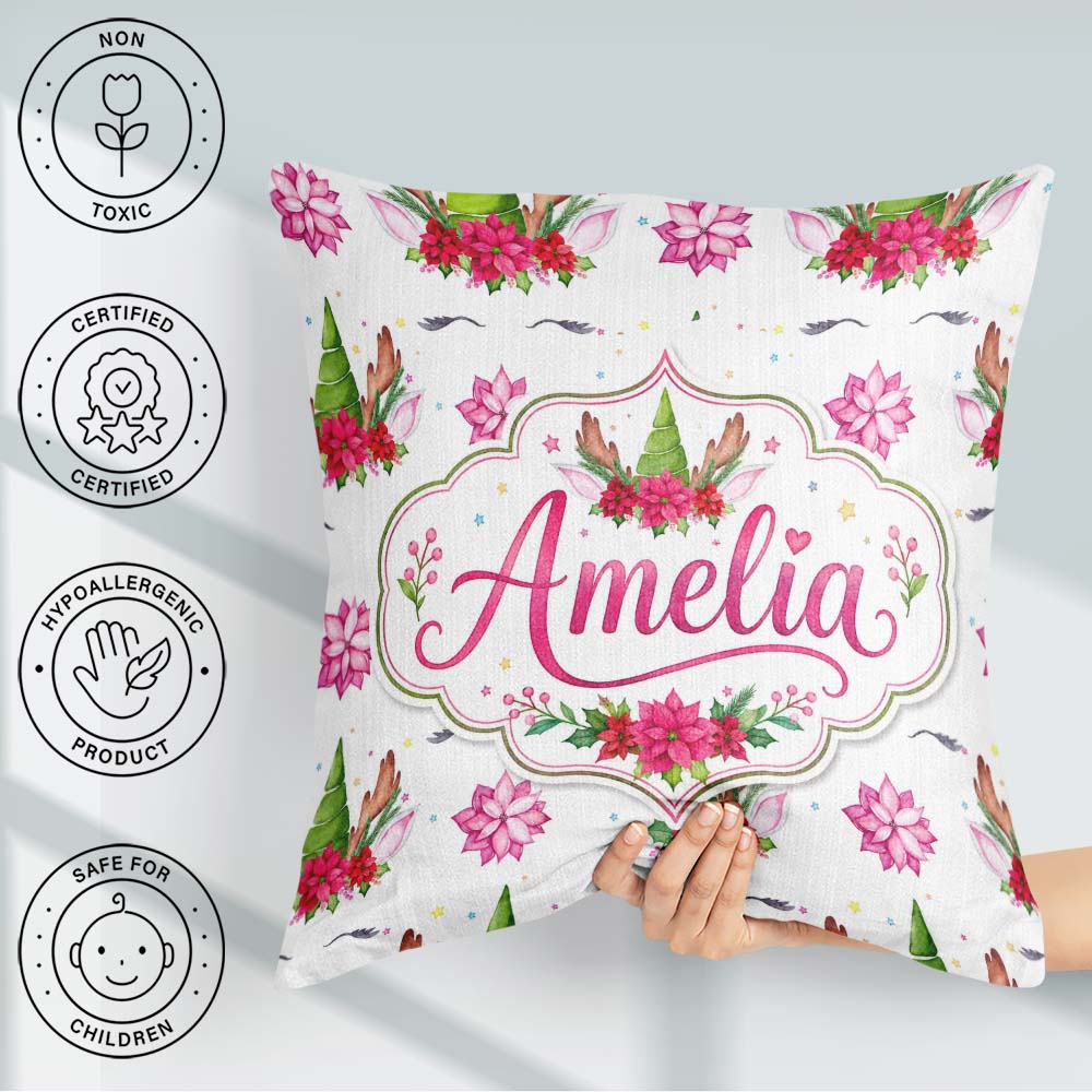 Custom Name Cute Unicorn Antlers Floral Fantasy Seamless Pattern Square Filled Cushion Throw Pillow Sofa Bed Home Decor Zip Washable UK Made