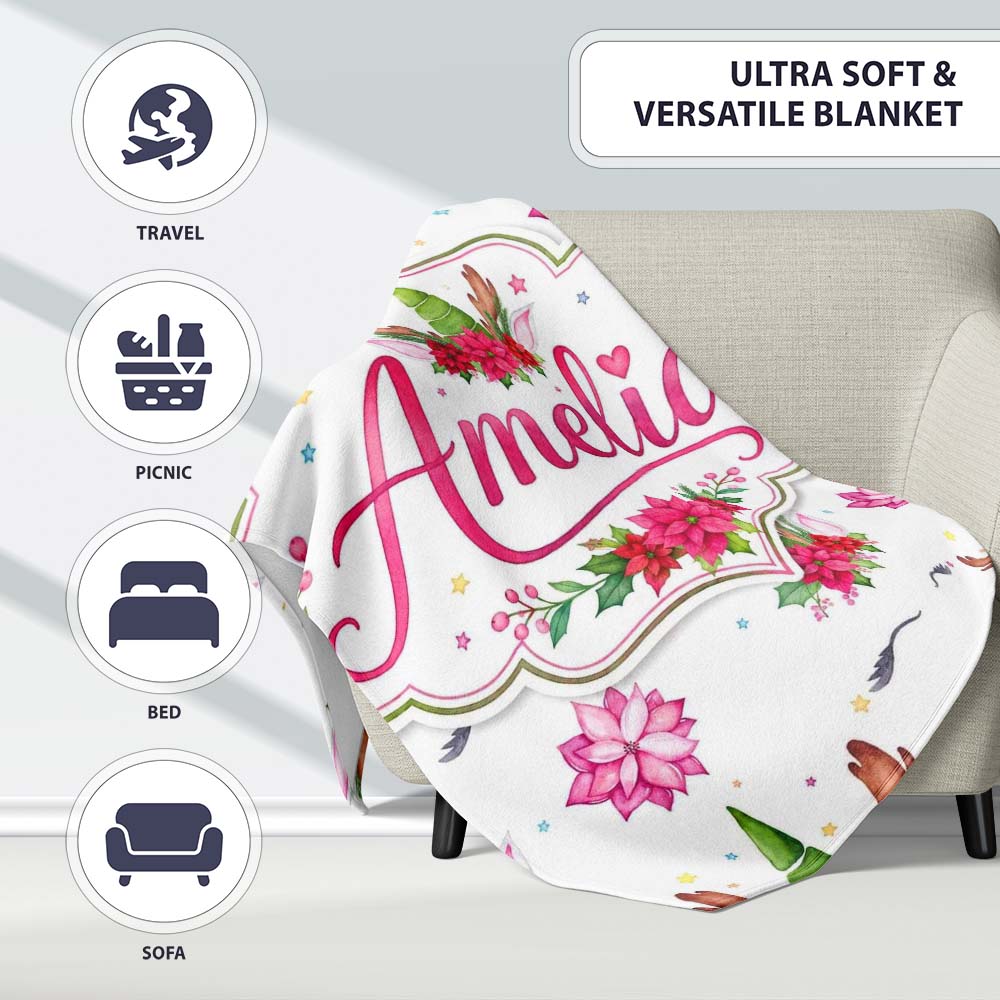 Cute Christmas Unicorn Antlers Floral Fantasy Seamless Pattern  Personalised Custom Name Super Soft Fleece Blanket Bed Sofa Throw