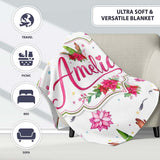Cute Christmas Unicorn Antlers Floral Fantasy Seamless Pattern  Personalised Custom Name Super Soft Fleece Blanket Bed Sofa Throw