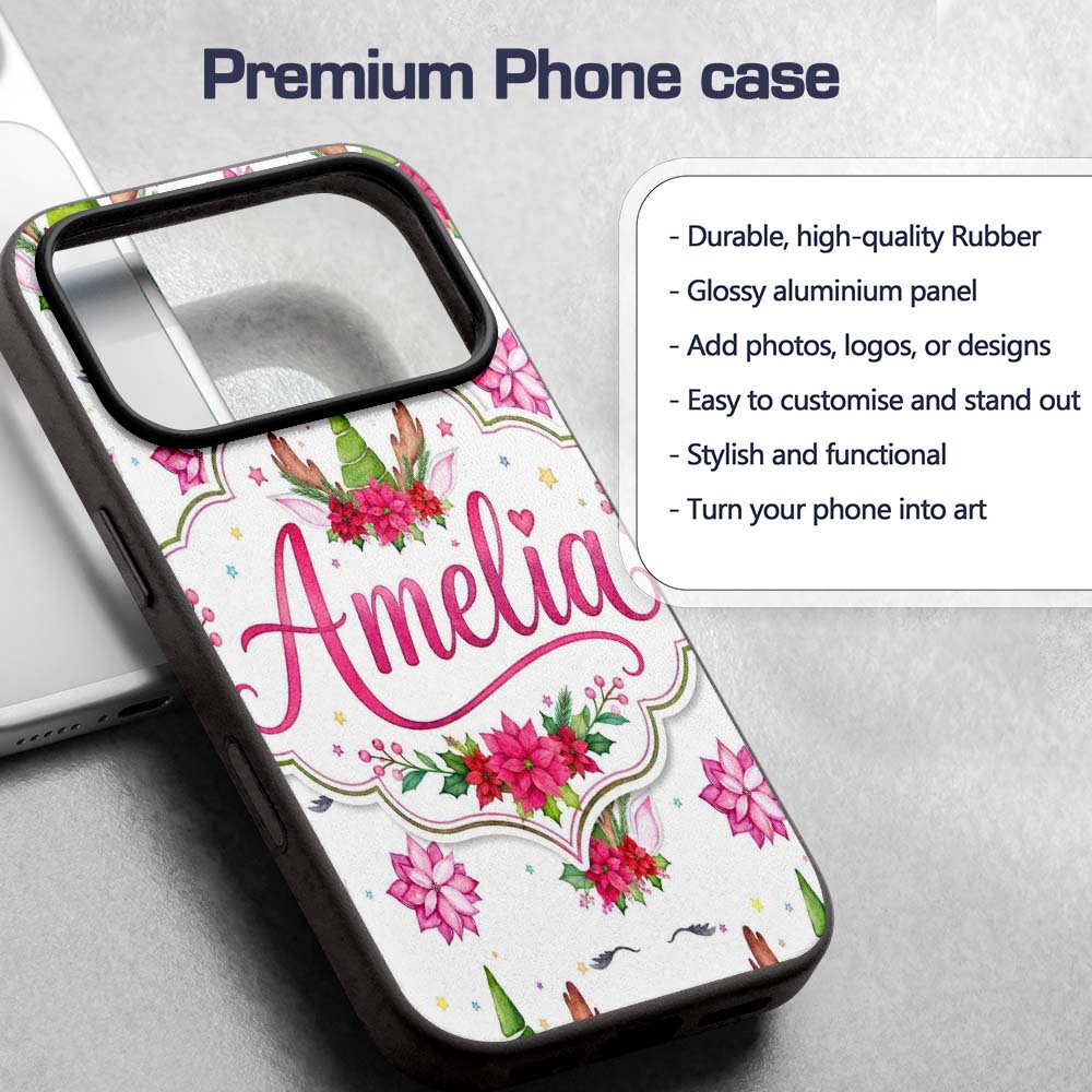 Cute Christmas Unicorn Antlers Floral Fantasy Custom Name Protective Phone Case Mobile Cover Durable Everyday Smartphone Shock Resistant