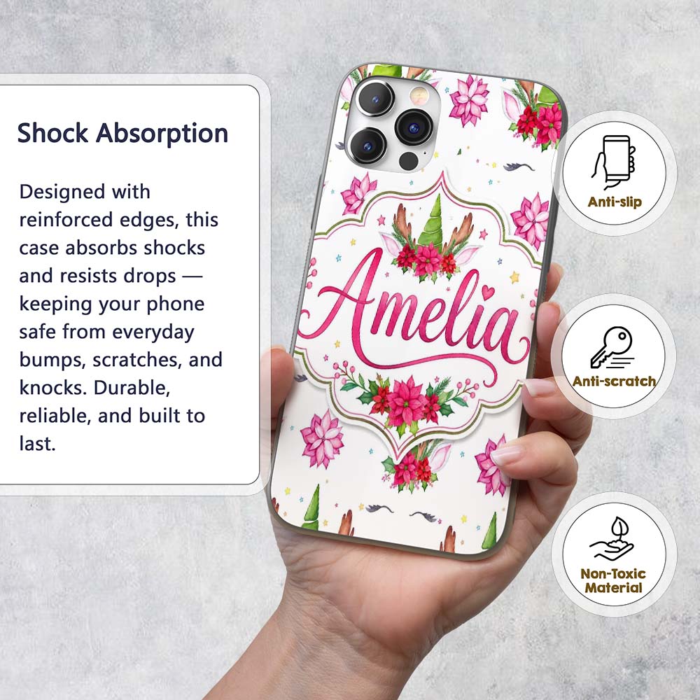 Cute Christmas Unicorn Antlers Floral Fantasy Custom Name Protective Phone Case Mobile Cover Durable Everyday Smartphone Shock Resistant