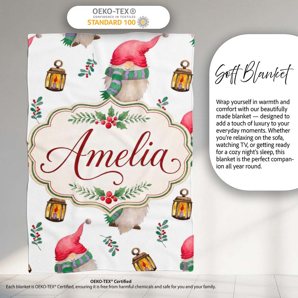 Cute Christmas Gnome Lantern Winter Holiday Seamless Pattern Lovely  Personalised Custom Name Super Soft Fleece Blanket Bed Sofa Throw