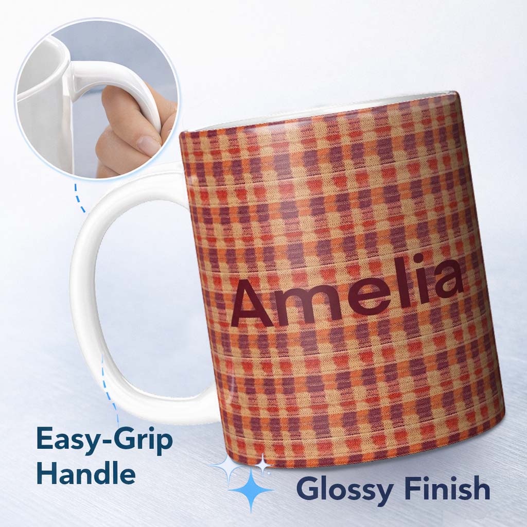 Personalized Custom Name Warm Earth Tone Woven Stripe Textile Seamless Pattern Lovely 11oz Ceramic Coffee Tea Mug White Large Handle