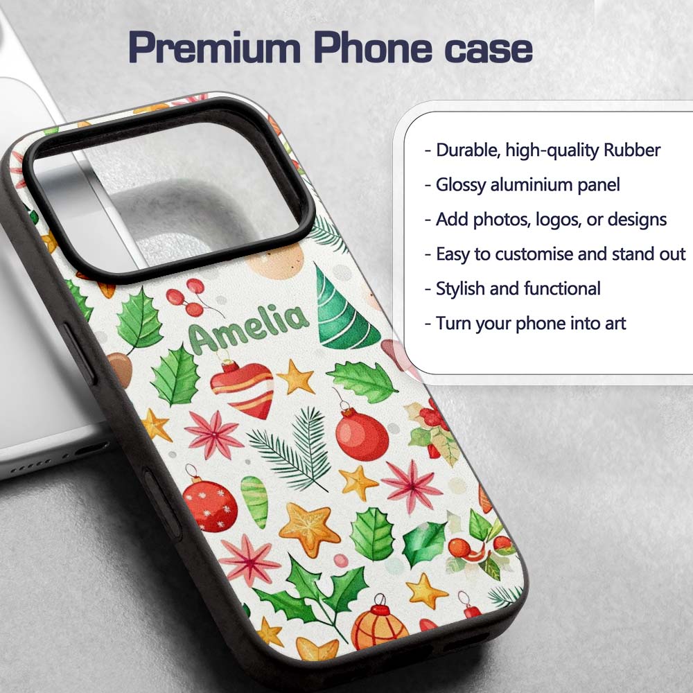 Colorful Christmas Ornament Holly Star Festive Custom Name Protective Phone Case Mobile Cover Durable Everyday Smartphone Shock Resistant