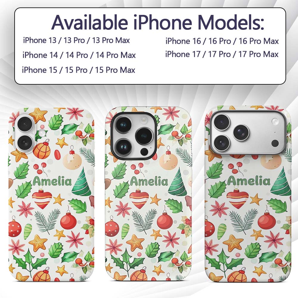 Colorful Christmas Ornament Holly Star Festive Custom Name Protective Phone Case Mobile Cover Durable Everyday Smartphone Shock Resistant